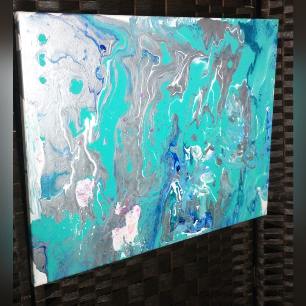 UNDERWATER FANTASY - Original Painting, 16x20 - Turquoise, Blues, Silver, White - Picture 2 of 16
